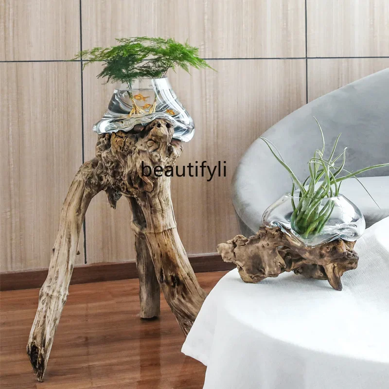 Modern Minimalist Floor Glass Vase Wood Root Carving Decoration Sample Room Soft Decoration  High-End Decoration Fish Tank