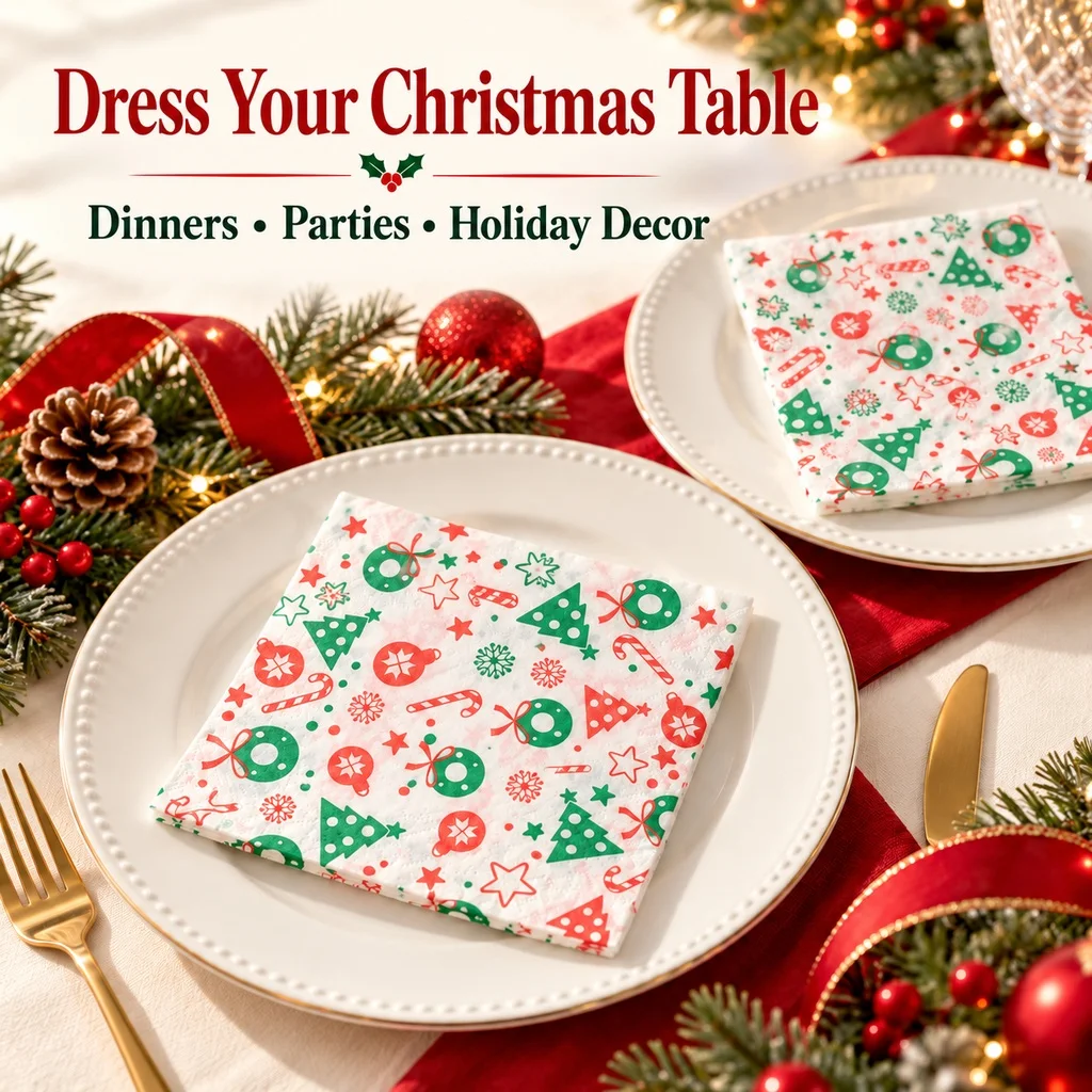 20pcs Christmas Paper Napkins 2 Ply 33x33cm Red Green Tree Wreath Candy Cane Print for Holiday Party Table Decor