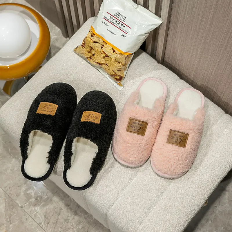 2024 New Winter Indoor Slippers Men Plush Fleece Black Flat Slippers HomeThick Soled Indoor Cotton Slippers For Couple Shoes