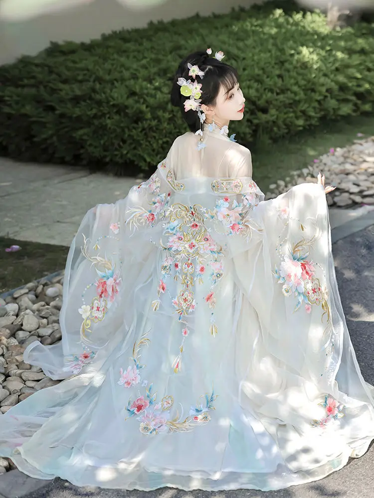 Heavy Industry Embroidery Hanfu Chinese Tang Dynasty Summer Fairy Long Dress Set