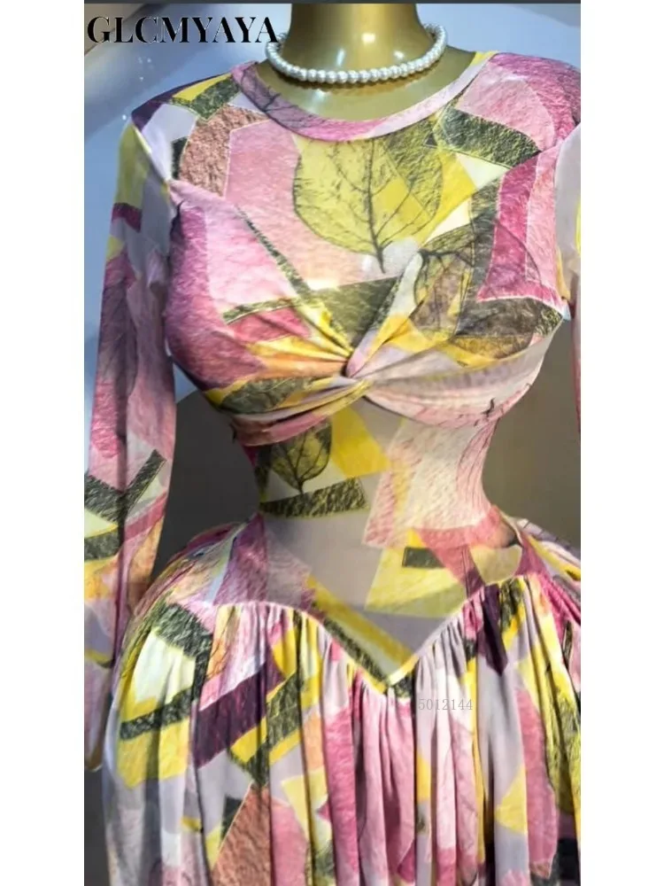 2026 Elegant Women Leaf Floral Print Draped O-neck Long Sleeve Big Swing Smock Dress Birthda Party Education Trendy Dresses