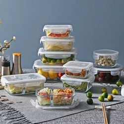 Heat-resistant Glass Lunch Box Microwave Lunch Box Food Sealed Box Rectangular Round Fresh-keeping Bowl Household Storage Box