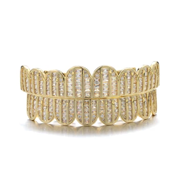 Full Baguette CZ Stones Teeth Grillz Caps Cubic Zirconia Iced Out Micro Pave Top &amp; Bottom Charm Grills for Men Women Jewelry