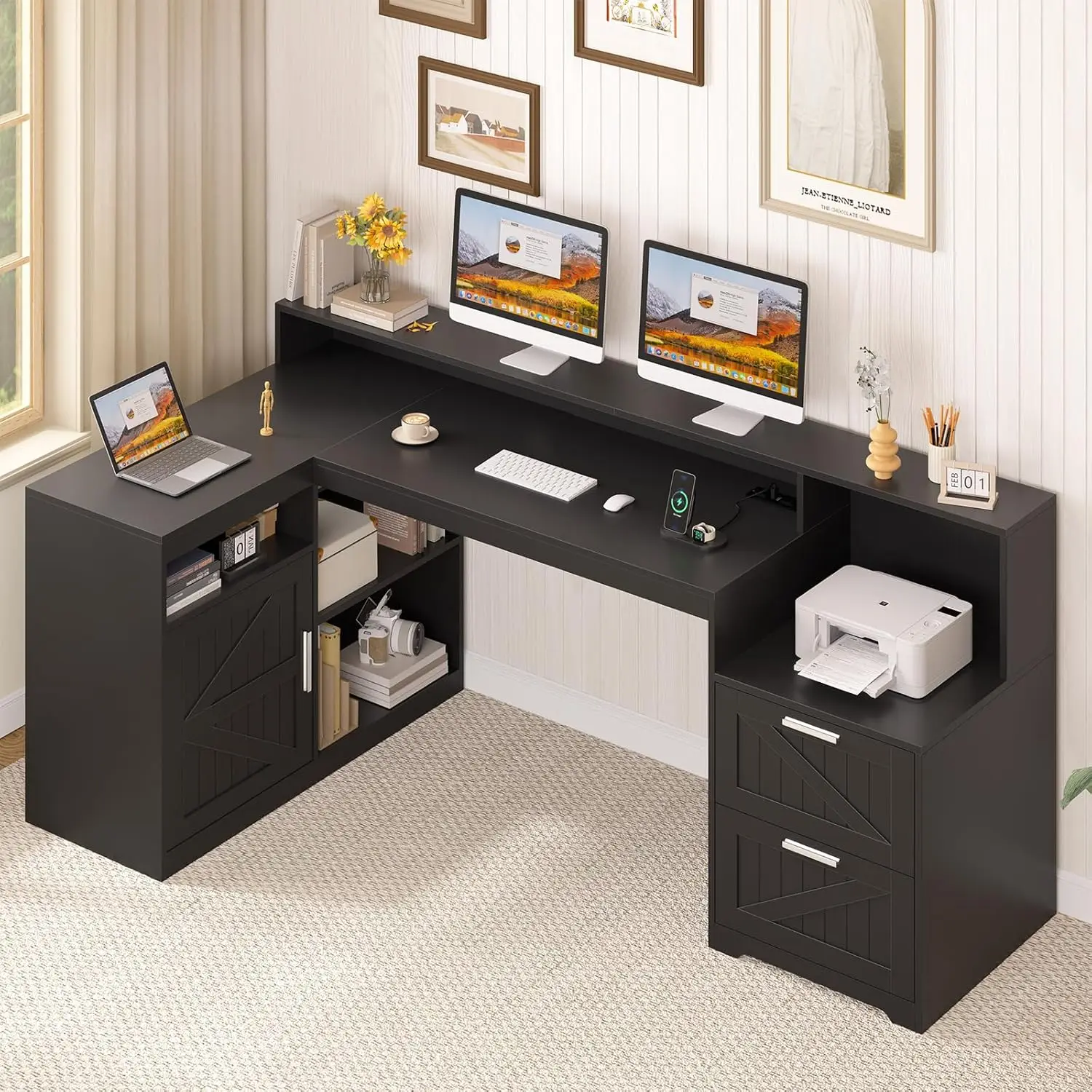

Farmhouse L Shaped Desk with Drawers, 62.2" Home Office Desk with Storage Shelves and Power Outlet, L Shaped, Customized