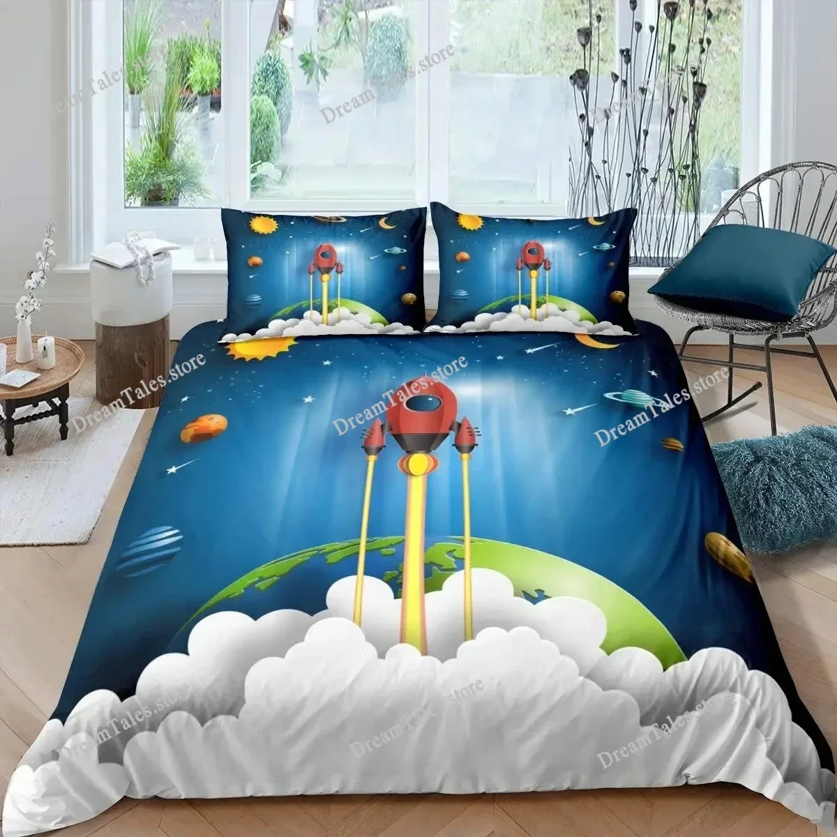 Rocket Duvet Cover Set King Size Spaceship Bedding Set Twin Microfiber Outer Space Galaxy Stars Planet Cartoon Style Quilt Cover