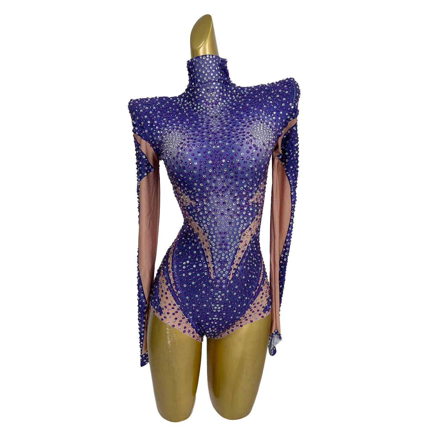 Luxury Sparkly Rhinestones Purple Bodysuit Long Sleeved Dance Leotard Sexy Stretch Outfit Birthday Party Nightclub Stage Show