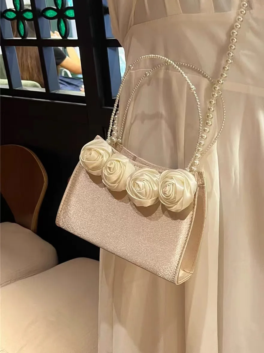 Torebka damska Satin Rose Floral Handmade Square Bag Fashion Pear Beading Evening Bag Wedding Party Clutch Purse Crossbody Bag