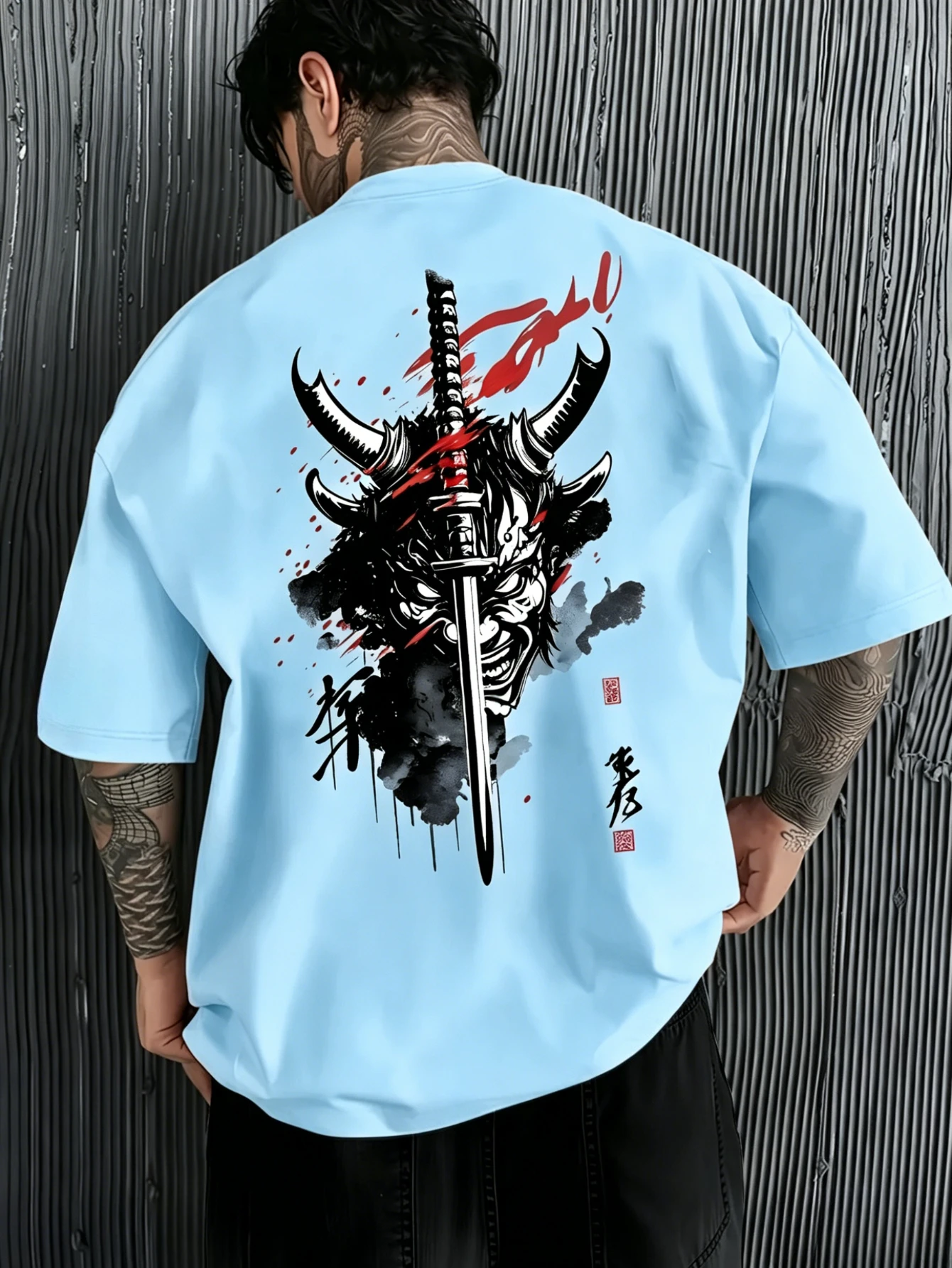Summer Men's 100% Cotton Short-Sleeved T-Shirt with Japanese Samurai Ghost Face Pattern Print Comfortable Street Trendy Top