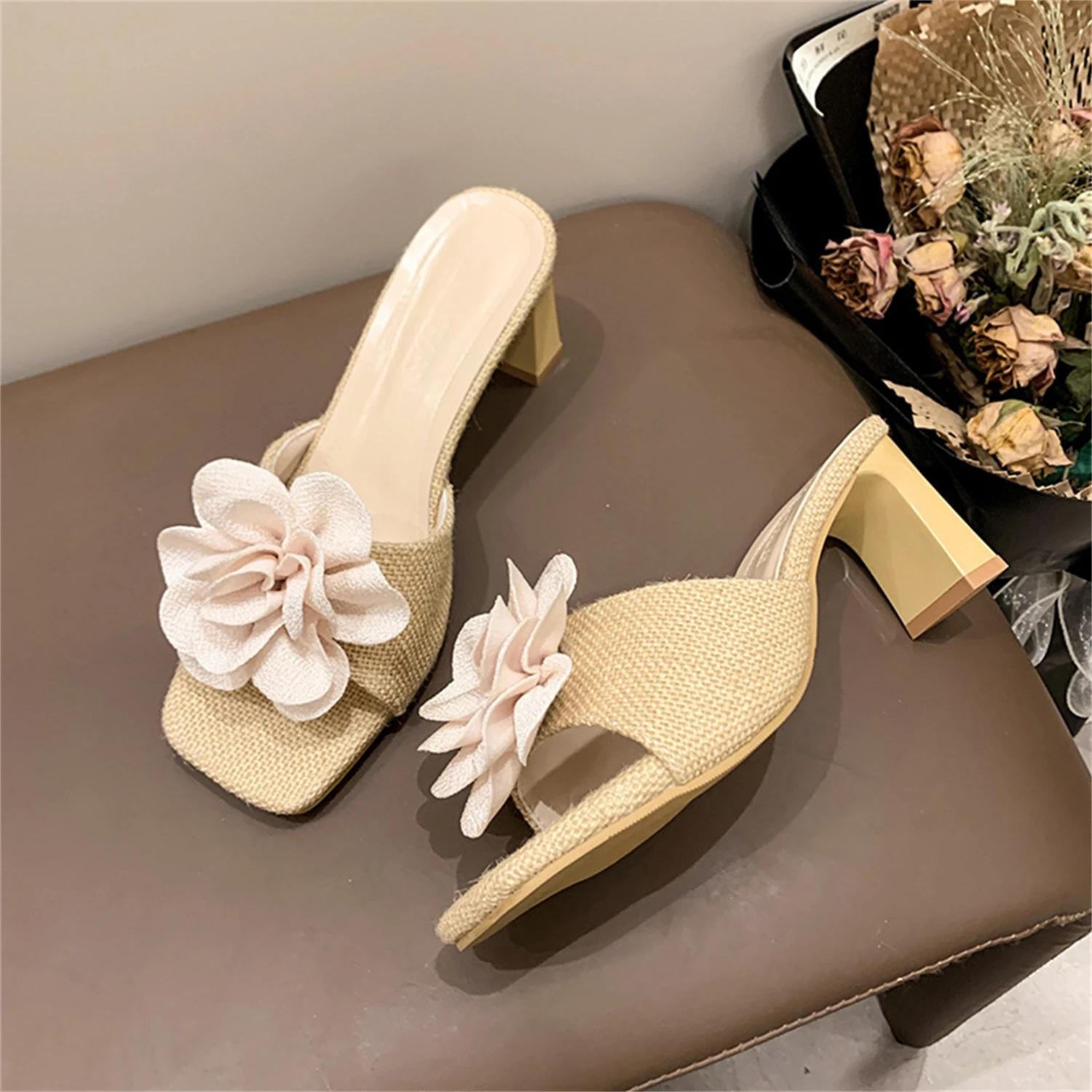 

Big Size 41 Summer Flower Square Open Toe Elegant High-heeled skinny Outside Luxury Mules Slippers Women's Shoes Pumps Sandals