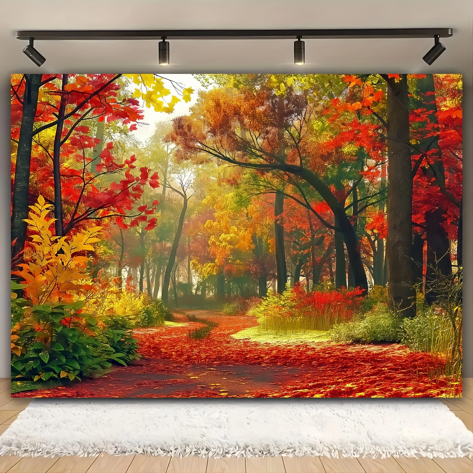 Bannière plate 2D, 1 pièce, toile de fond Splendor Autumn, avec des feuilles d'automne jaunes et un paysage de montagne