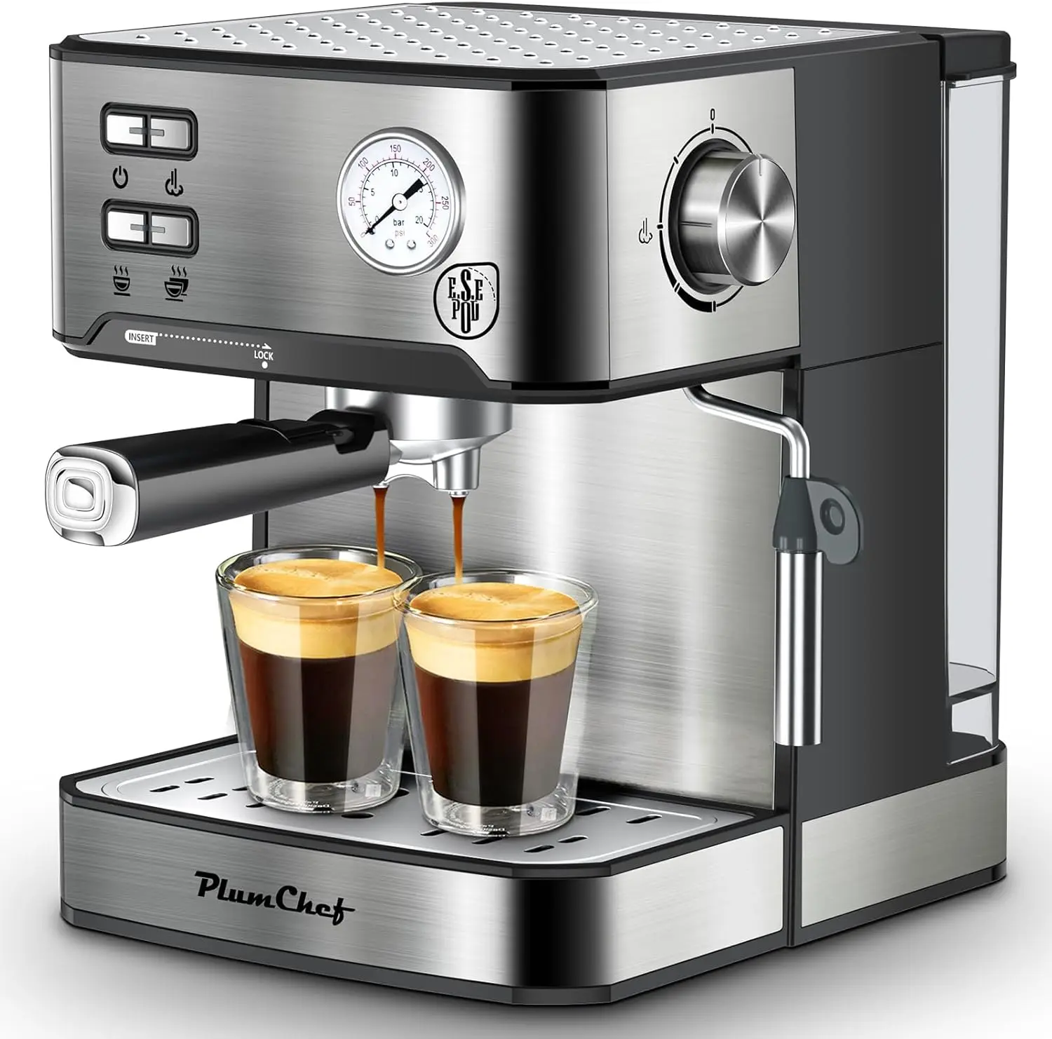 20 Bar Espresso Machine with Milk Frother, Dual Shot, ESE Pod, Temperature & Pressure Display, Removable Water Tank