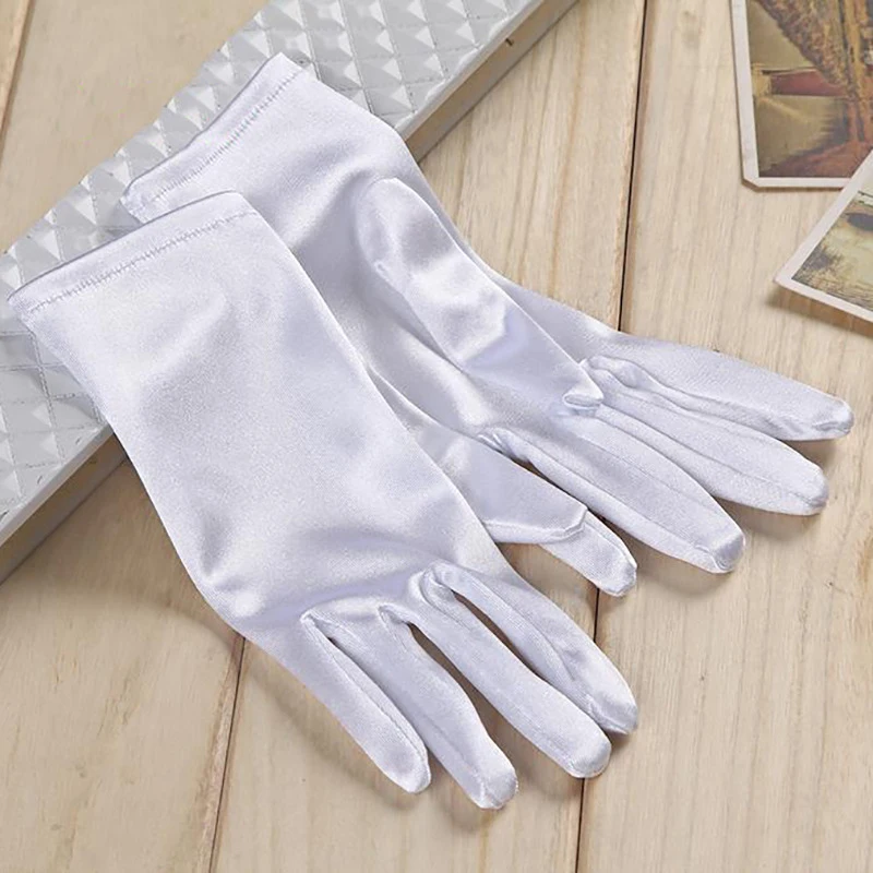 Stretch Beaded Satin Gloves Satin Pearl Full Finger Mittens Etiquette Performances Gloves Women Wedding Bridal Short Gloves