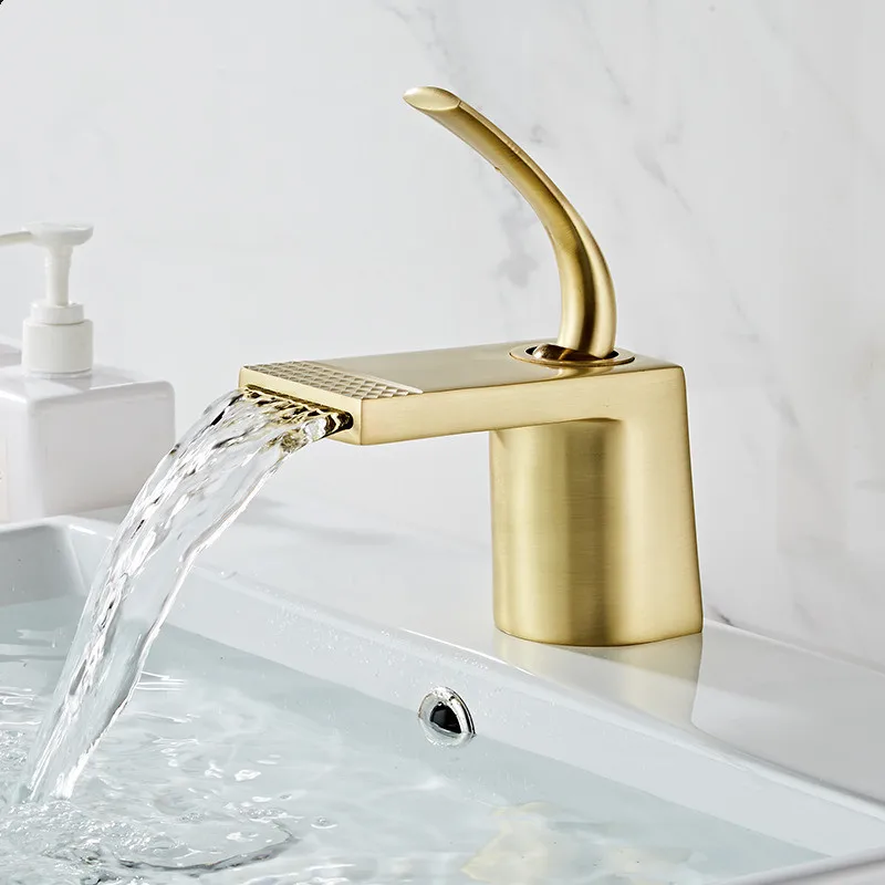 New Arrival Brushed Gold Bathroom Faucet Basin Faucet Mixer Tap Black Wash basin Faucet  Hot & Cold Waterfall Faucet Brass