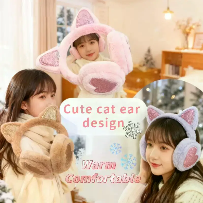 Plush Winter Warm Ear Earmuffs Glitter Cat Ear Warmers Heart Fur Hang Ear Cover For Women Girl Earflap Cold Protection Ear Muffs