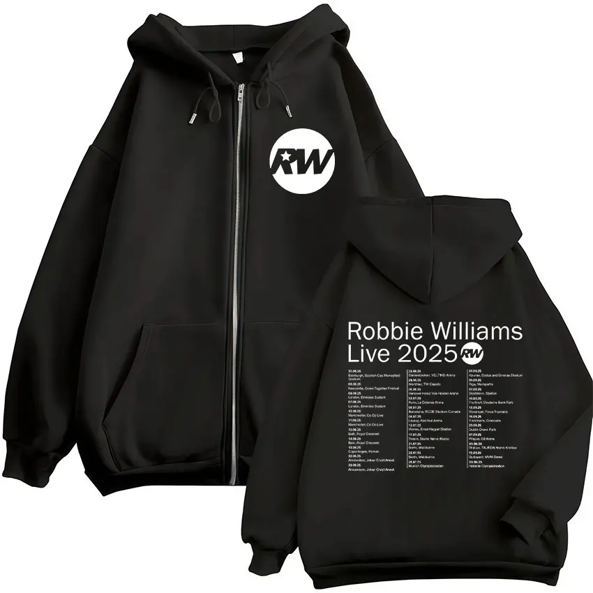 Robbie Williams Live Tour 2025, Rw-Logo, Reißverschluss-Hoodie für Herren und Damen, lässig, übergroßes Sweatshirt mit Reißverschluss, Hip-Hop-Fleecejacke, Hoodies