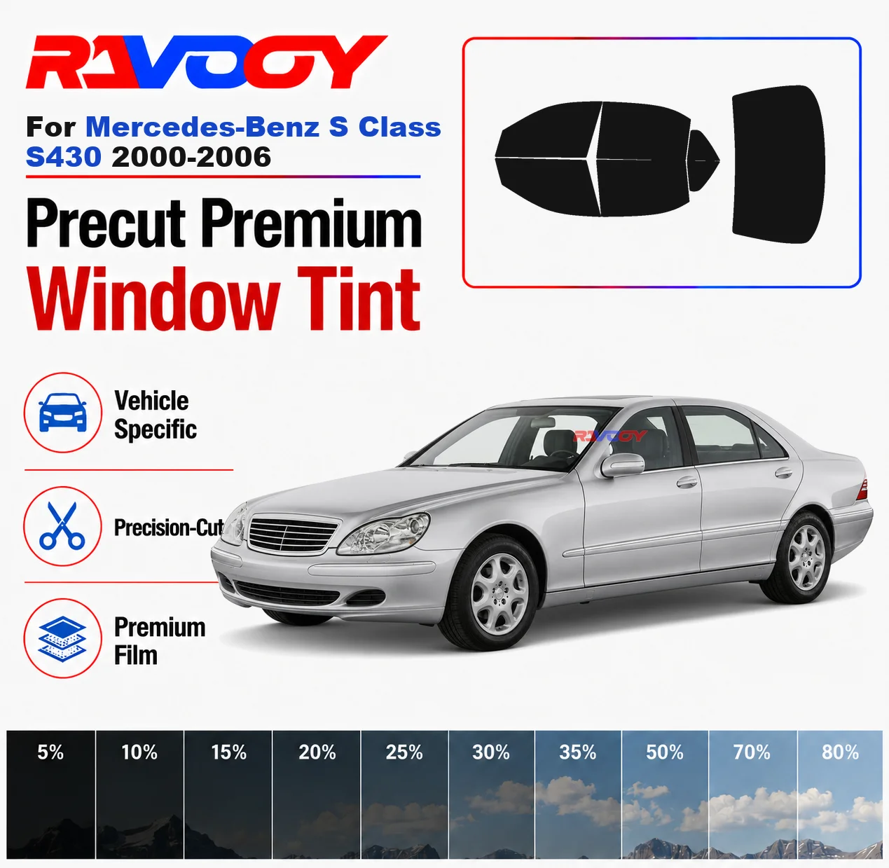 

Premium Precut Window Tint Kit Front Rear Windows Rear Windshield For Mercedes-Benz S Class S430 2000-2006 Nano Ceramic Film