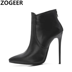 Black Women's high-heeled Ankle Boots Spring Autumn Fashion Point Toe Ladies Shoes Sexy Nightclub Short Boot Grey Large Size 45