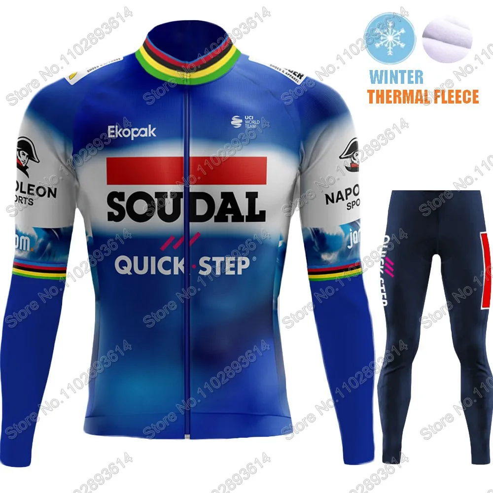 Soudal Quick Step Team Winter 2024 Cycling Jersey Clothing Set Thermal Fleece World Champion Long Sleeve Pants Bib Bike Suit MTB