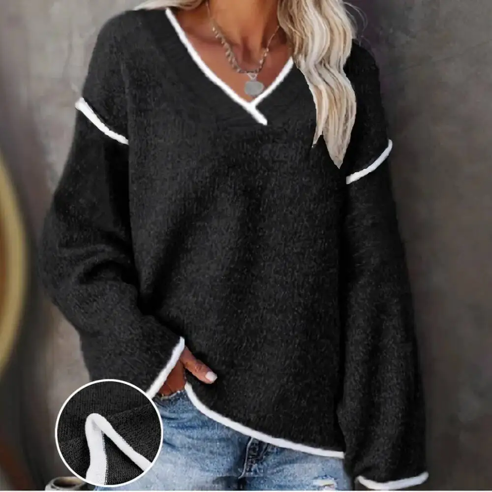 

New Women's V-Neck Knit Sweater White Trim Plus Size Casual Fashion Pullover Bohemian Top For Fall Winter Chic Y2k Clothing