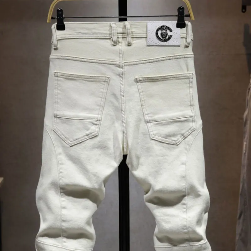 Fashion designer men's high-quality light blue elastic casual retro jeans men's zipper pocket splicing Y2K denim pants