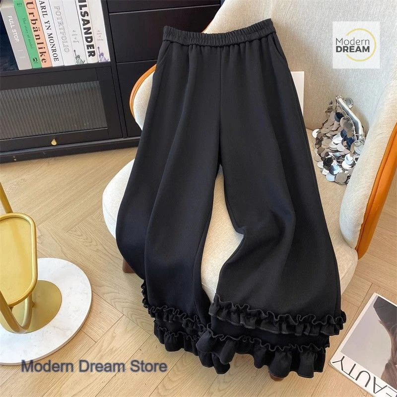 

Korean-style plus-size popular lace pants women spring and autumn new Indus pants short black loose wooden ear wide-leg pants.