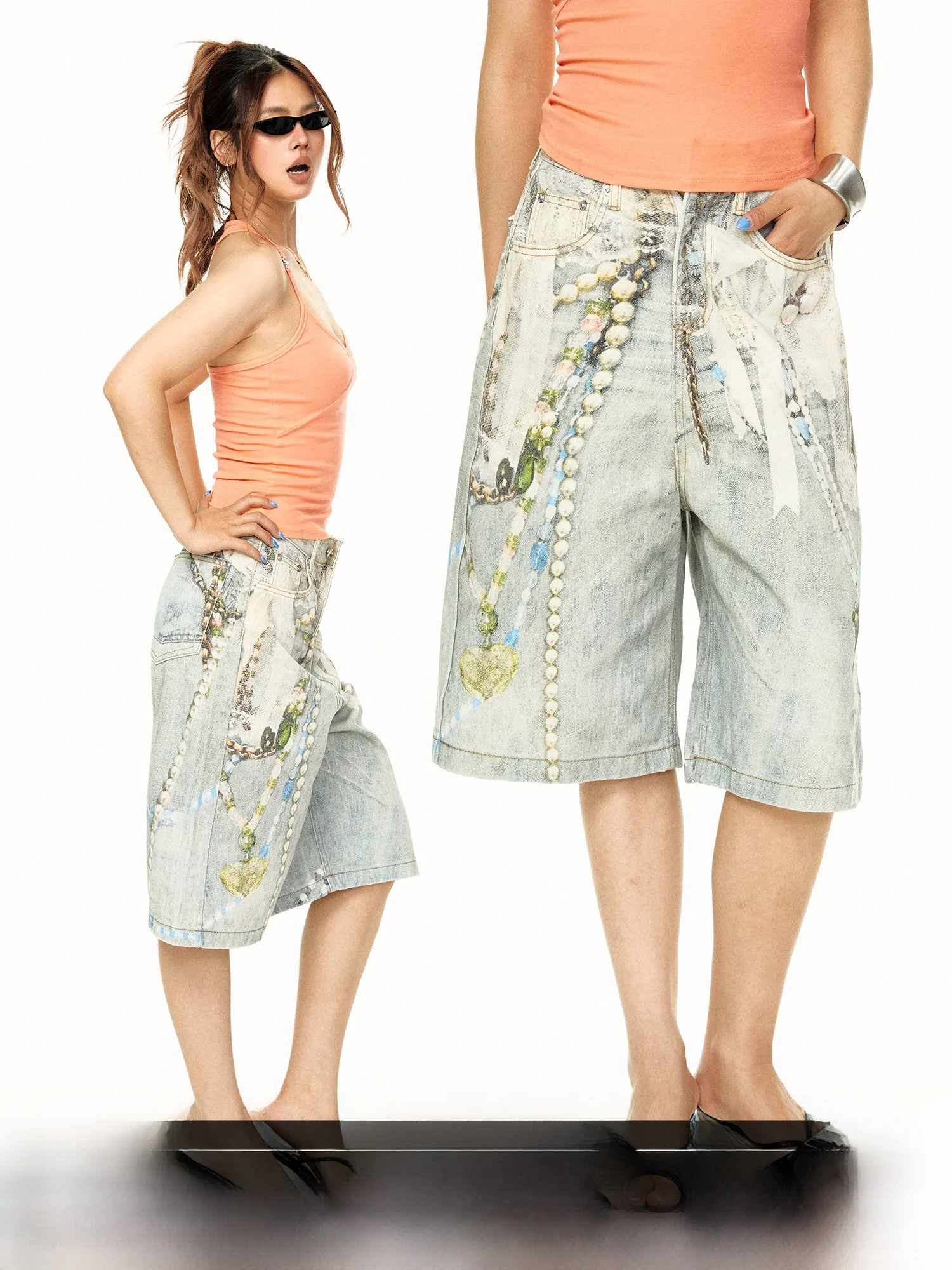 Blackbb American Chain Print Casual Loose Women's Shorts High Waist Cotton Summer Fashion Street Design Seven-Piece Pants