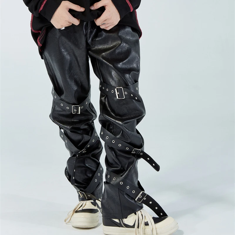 27-46 New 2022 Men Clothing GD Hair Stylist Vintage Rock Punk Industry Metal Buckle Leather Pants Plus Size Singer Costumes