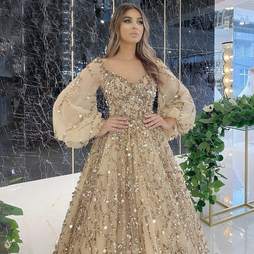 2024 Spring Fashion Dress New Style Gold Beaded Luxury Evening Gown See-through Long Sleeve Sexy Celebrity Prestige Queen Dress