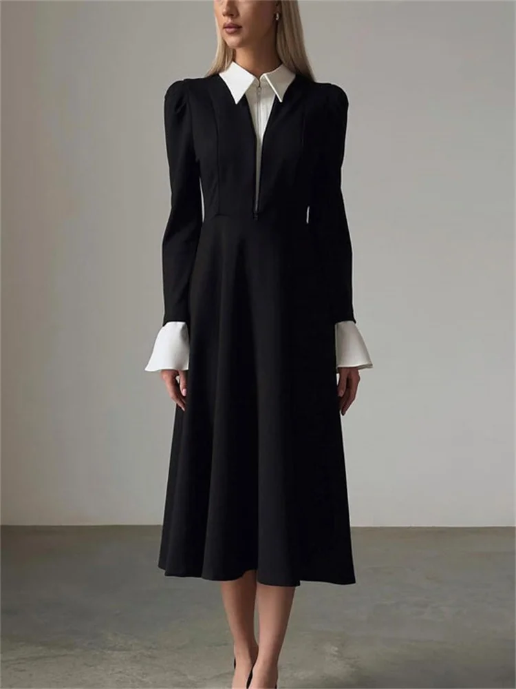 

Элегантное женское платье-пэчворк для вечеринок, женское платье с молнией, контрастными вставками, завышенной талией, длинными рукавами, весеннее длинное платье, женское облегающее платье-бодикон