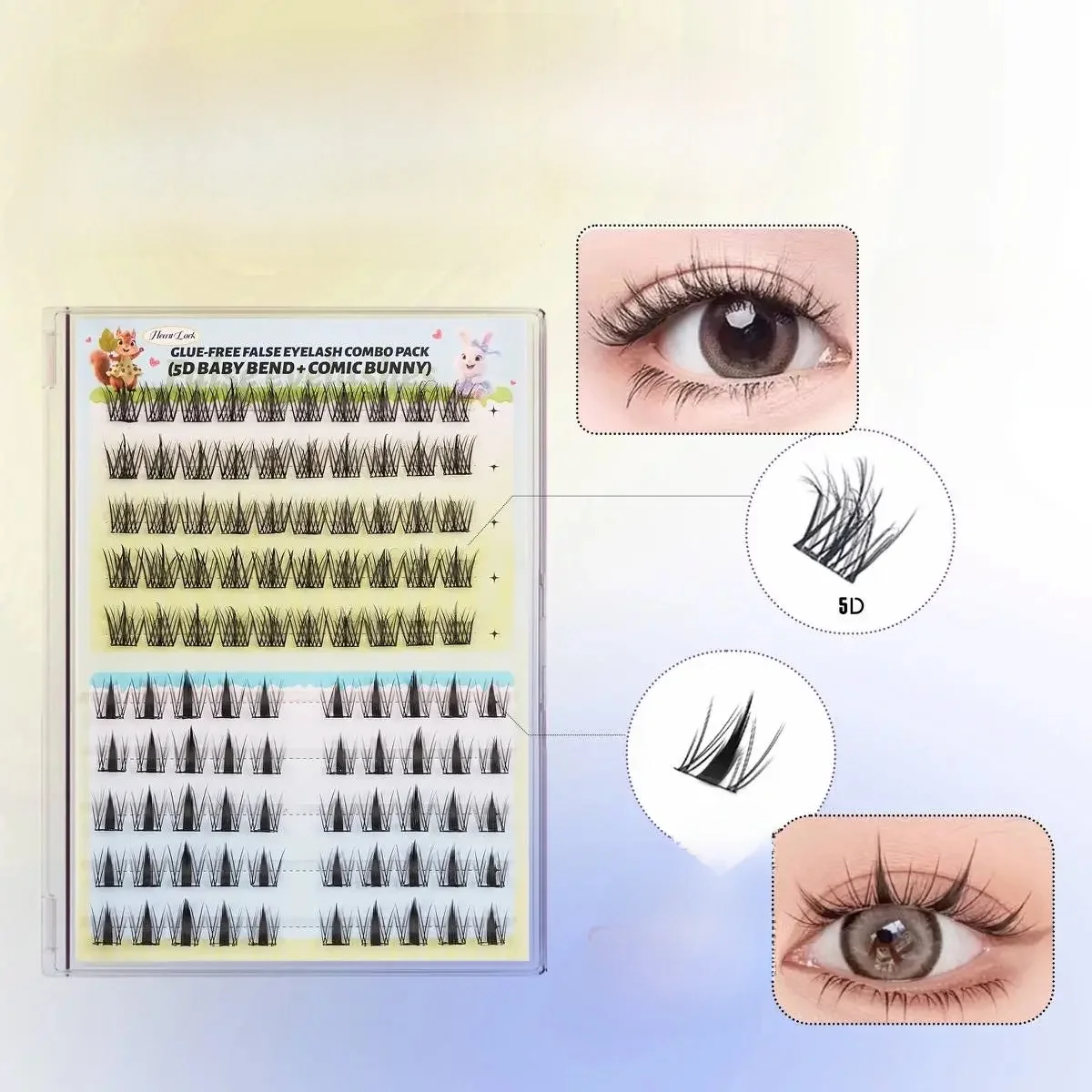 10 Rows Mix Self Adhesive Lash Book,Pre-Glued Sunflower & Trilogy Lash Clusters,Reusable Wispy False Eyelashes