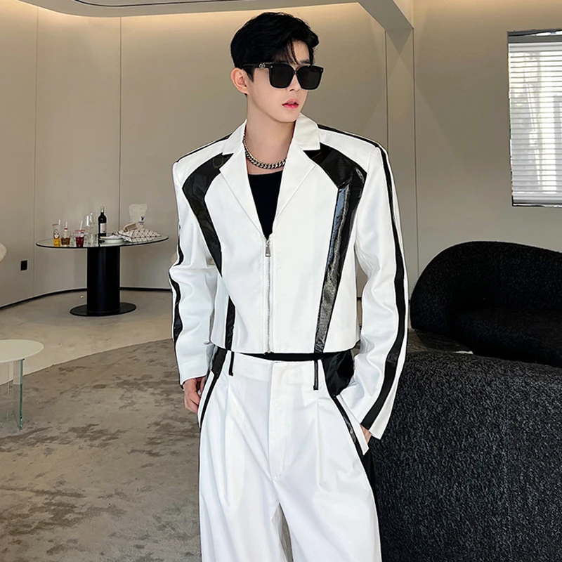 LUZHEN Korean New Luxury Sets Niche Male Blazers Pu Leather Spliced Suit Coat Wide Leg Suit Pants Two Piece Men\'s Wear E92e01