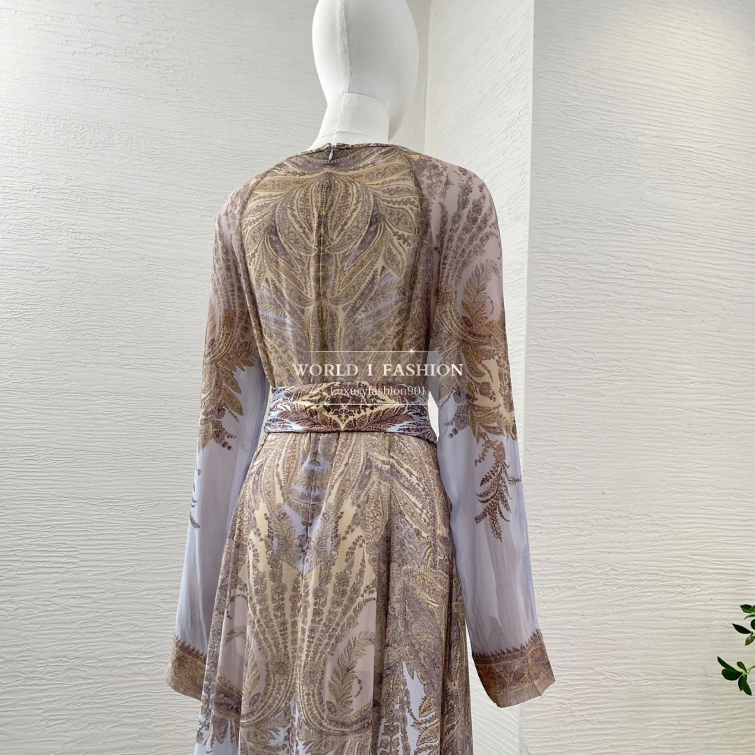 

2025 New Vintage Graceful High Quality Paisley Long Sleeve Women Midi Dress with Silk Belt for Holiday