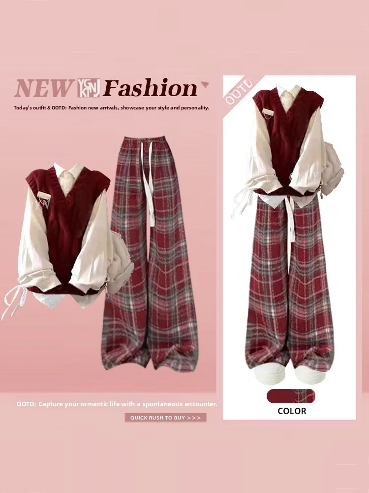 겨울 캐주얼 슬레 체크 와이드 레그 팬츠 티 세트 여성 패셔너블한 아우스페어 의류 대학 스타일 달콤 또는 세련된