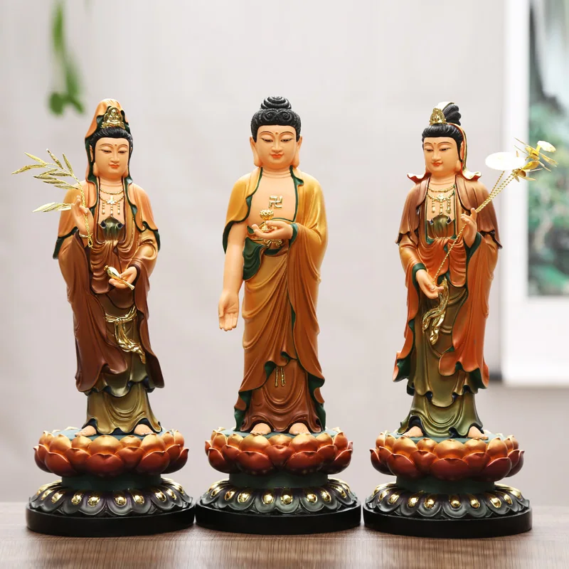Large 48CM 3P A set HOME Shrine protection Buddhism XI FANG SAN SHENG Standing Guan yin Amitabha Mahasthamaprapta Buddha statue