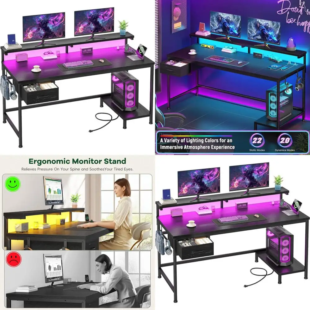 

Compact LED-lit Gaming Desk with Adjustable Monitor Stand, Ideal for Home Office, Study, and Gaming in Small Spaces - Black