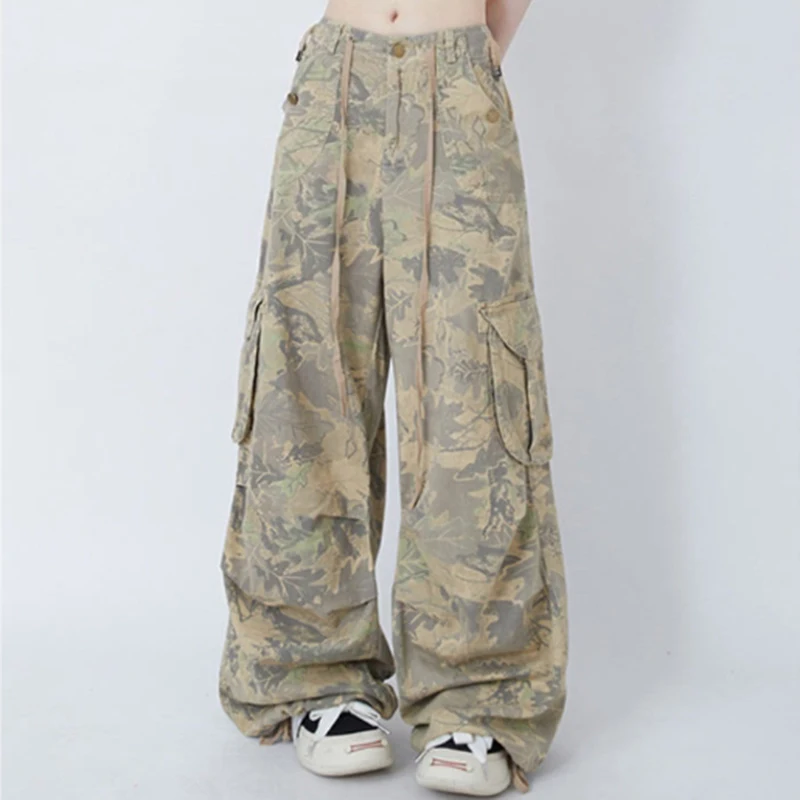 

American Cargo Pants Women Big Pockets Jazz Harajuku Y2K Loose Casual High Waisted Wide Leg Pants Pleated Hip-Hop Trousers