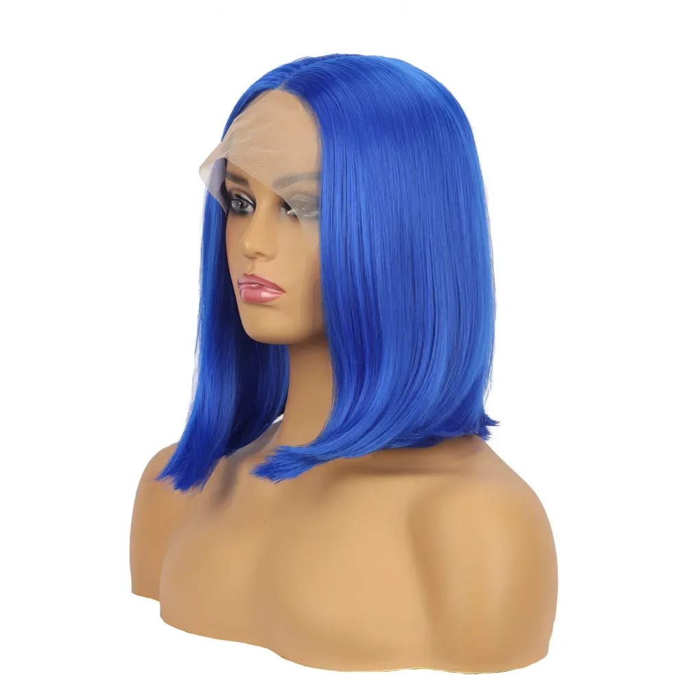 Pelucas de cabello medio corto para mujer, azul, Bob, recto, encaje frontal, nuevo