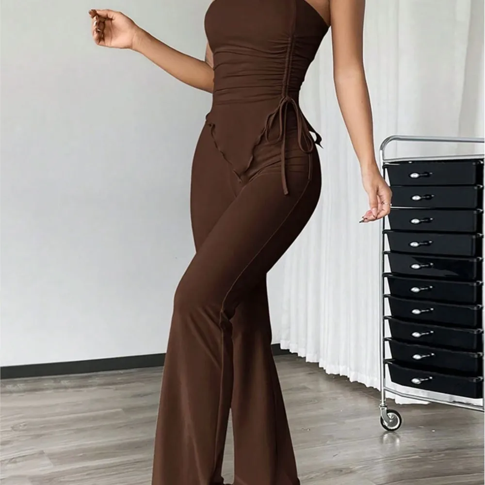 Damski seksowny komplet dwuczęściowy: top tuba i spodnie, moda uliczna, wiosna-lato, asymetryczny top i spodnie, zestaw spodni.