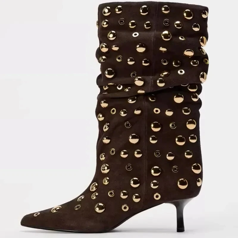 2024 European and American Women's High-heeled Pointed Sexy Rivet Decoration Pleated Sleeve Large Calf Short Boots