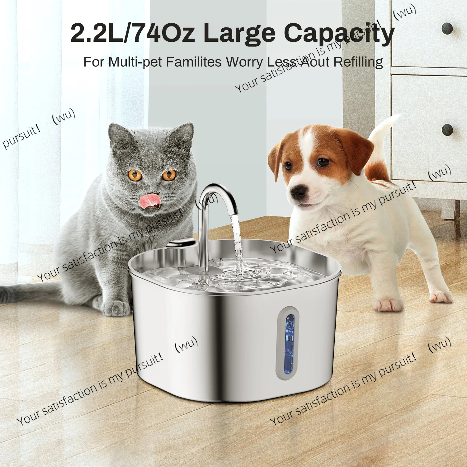 

2.2L Automatic Cat Water Fountain Square Stainless Steel Pet Water Feeder Dog Water Fountain with window（No 5V 1A Plug）