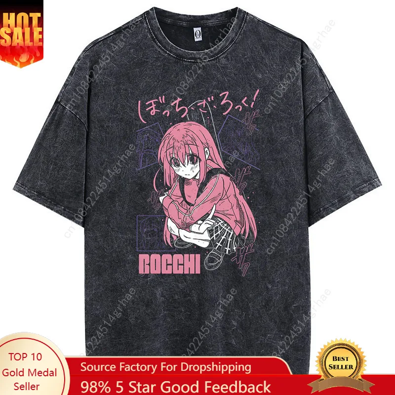 

Japanese Anime Gotoh Hitori Print Vintage Washed Tshirt Harajuku Streetwear Graphic T-Shirt Summer Short Sleeve Cotton Tshirt