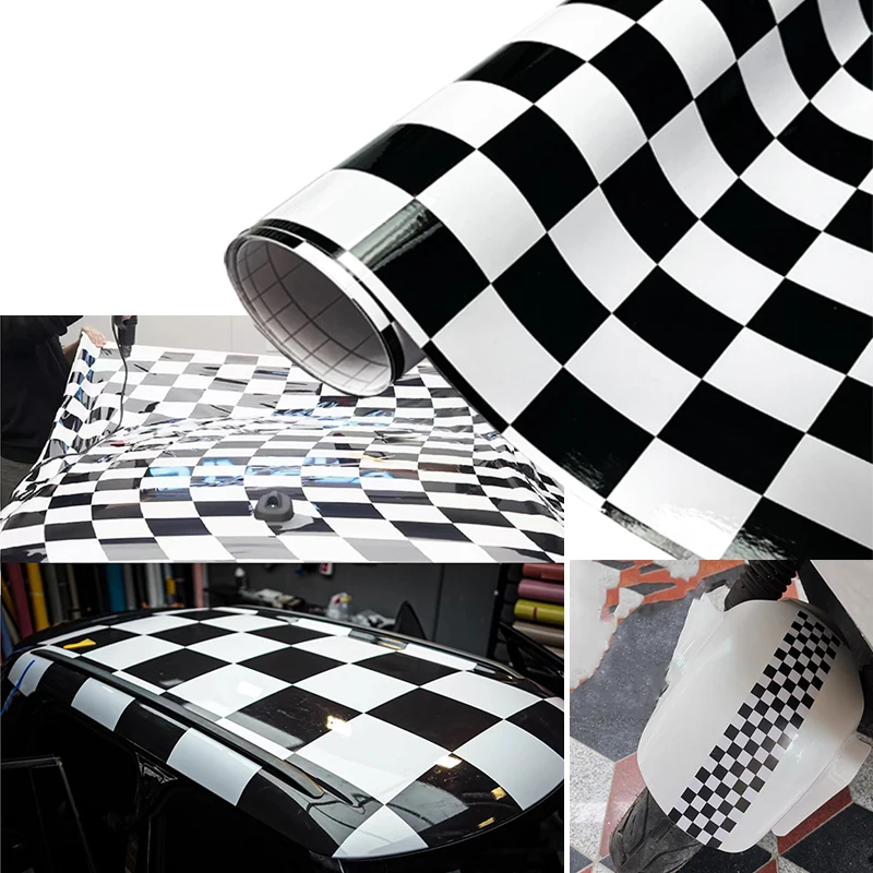 Black White Checkered Racing Flag Camouflage Car Vinyl Wrap Film Self Adhesive Furniture Kitchen Countertop Motorbike Sticker