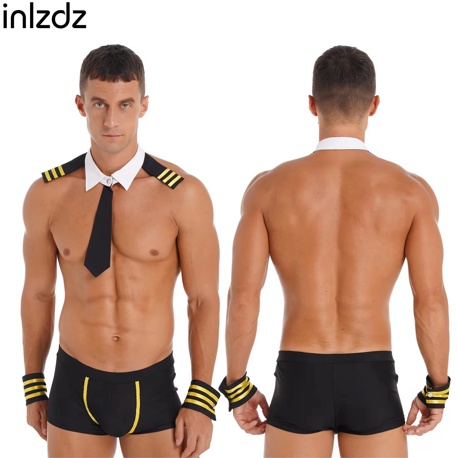 

Mens Captain Cosplay Costume Sexy Nightwear Low Rise Elastic Boxer Shorts+Detachable Collar+Striped Cuffs Outfit for Theme Party