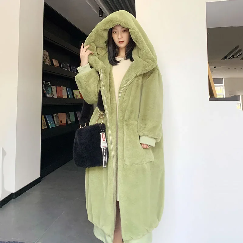 

Новинка 2025 года, зимняя теплая шуба с капюшоном, искусственный темперамент, элегантное женское пальто из искусственного меха кролика рекса, женское пальто из лисьего меха