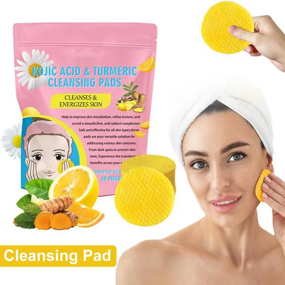 40Pcs Kojic Acid Cleansing Pads Dark Spots Makeup Removal Compressed Turmeric Facial Sponges Gentle Exfoliating Face Pads