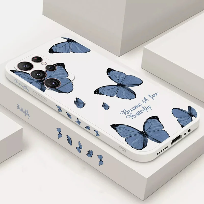 Retro Butterfly Flowers Square Silicone Case For Samsung Galaxy A14 A34 A54 A13 A33 A53 A32 A52 S23 Ultra S22 Plus S21 FE Cover