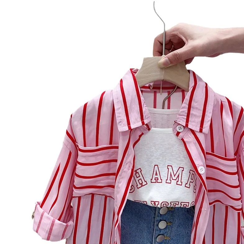 2024 Summer New Fashion Children Girls Striped Long-sleeved Shirt Blouse + Letters Vest + Jeans Denim Shorts 3pcs Clothing Sets