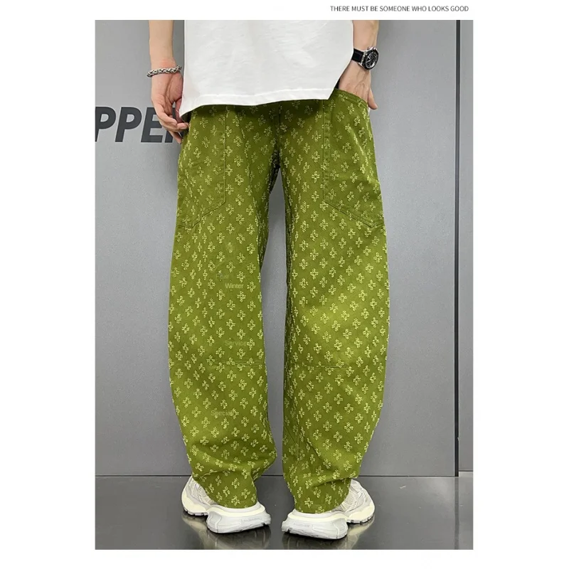 Street American vintage jacquard straight jeans men's wide-leg jeans Y2K fashion streetwear loose pants green pantalones hombre