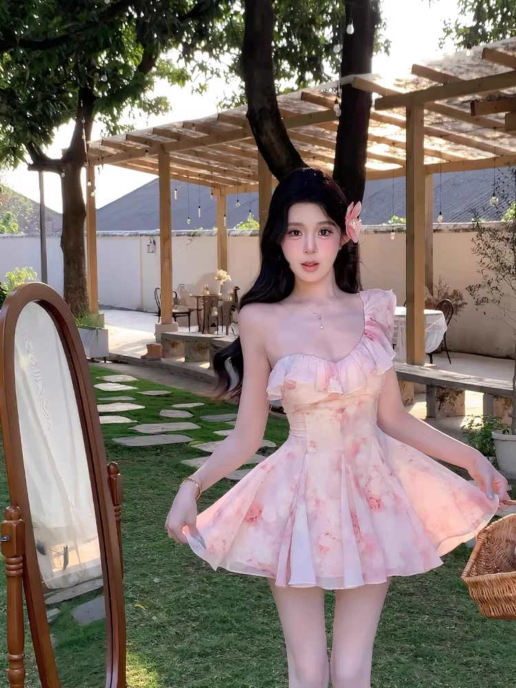 

Sweet And Spicy Style A-Line Dress with Ruffle Sleeves Shoulder Bows And Slimming Waist for Women Summer Sexy Casual Wear