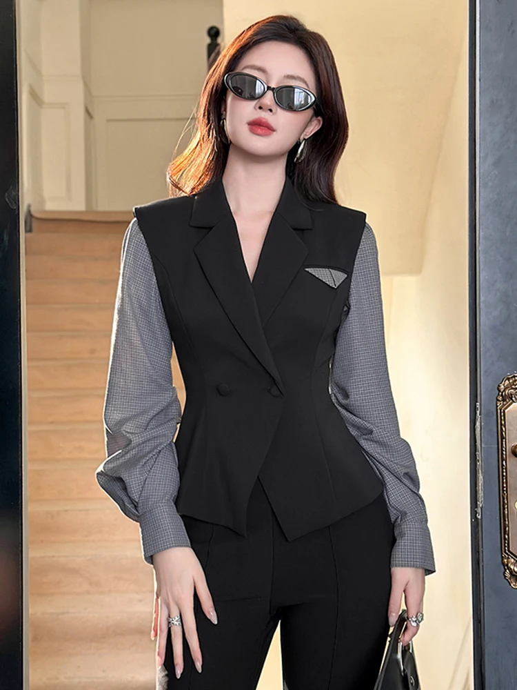 

Black Fake 2 Piece Women Puff Sleeve Plaid Blazer Double Breasted Slim Suit Jacket Casual Work Clothes Daily Office Commute Tops